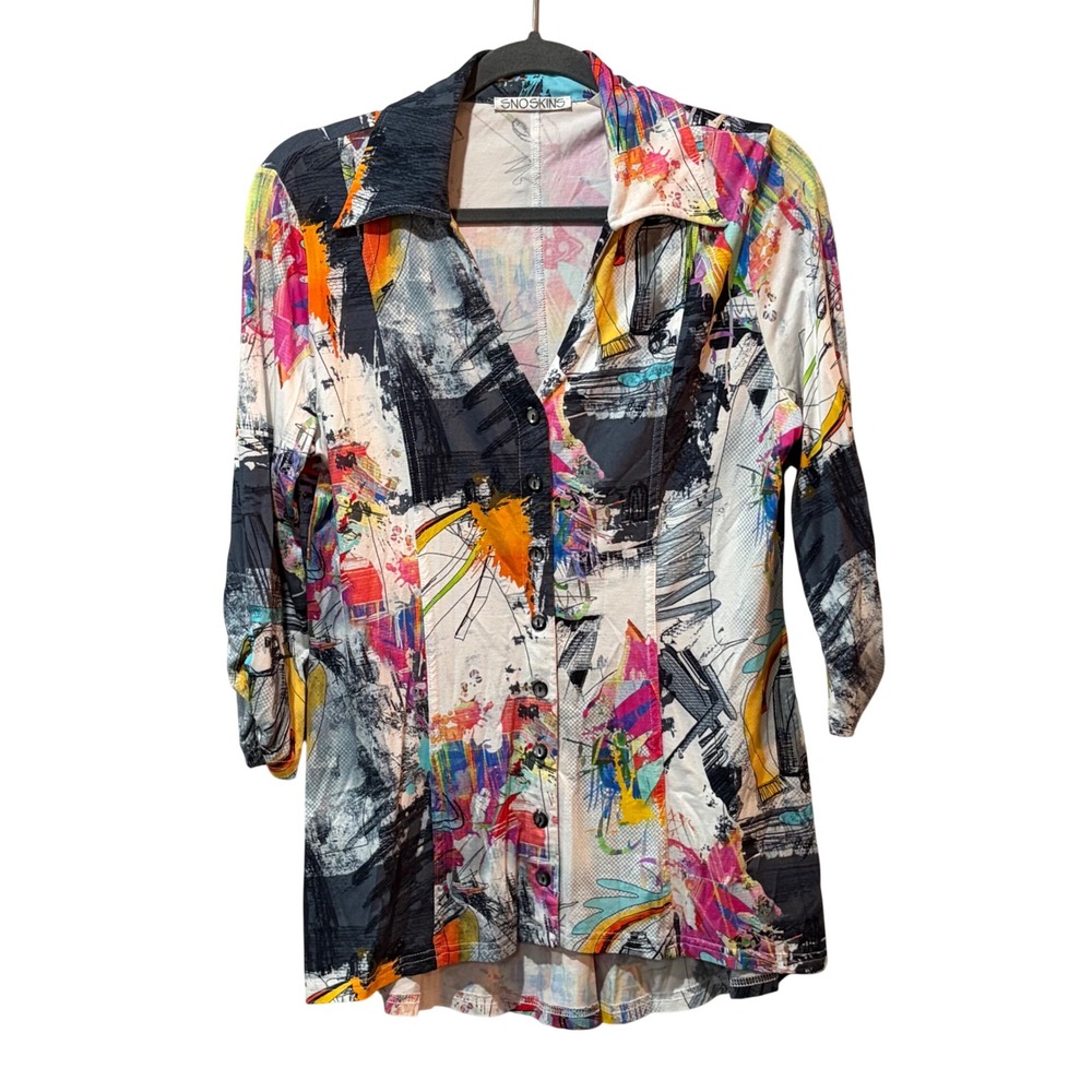 Snoskins Button Down Shirt Women Large Multi Color Abstract Art Print Top